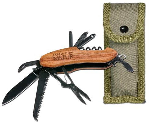 Expedition Natur Outdoor-Taschenmesser mit Holzgriff, 9 in 1 Multifunktionswerkzeug, für Camping und Outdoor, für Kinder ab 8 Jahren, Schwarz-Braun