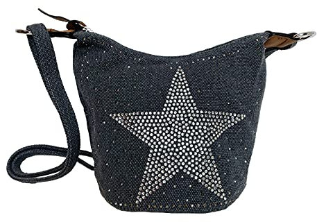 STERN Strass Glitzer Small Star Damen kleine Tasche Canvas Stoff Fashion Henkeltasche Schultertasche Stofftasche Mini Mädchen (Anthrazit)