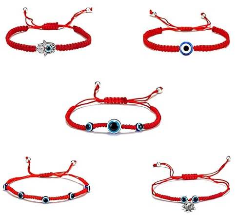 Set med 5 röda flätade turkiska ögonarmband, rött onda ögat armband, justerbar storlek, handgjorda, håll onda andar i schack, för baby, kvinnor, fest, skydd och lyckogåvor, glas