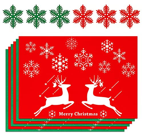 6 Pcs Tovagliette Natalizie E 6 Pcs Sottobicchieri Natalizi,Sottopiatti Natalizi in Feltro,Tappetino Da Tavola Natalizio,Set Di Design Con Fiocchi Di Neve Di Renna,per La Decorazione Della Tavola