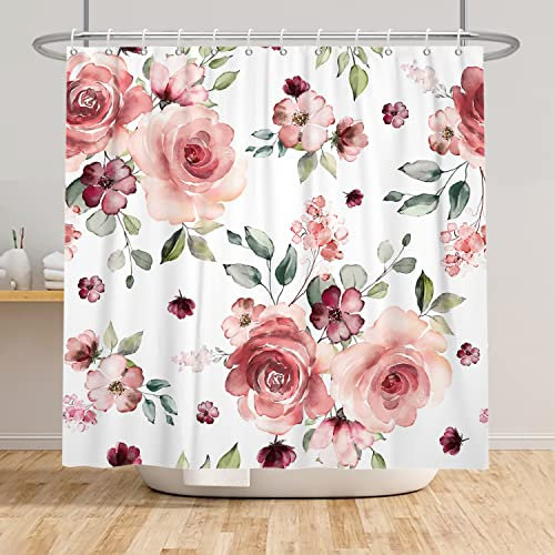 Bovlleetd Pink Floral Shower Curtain for Bathroom Watercolor Vintage Rose Flower Leaves Bath Curtains Blush Pink Plant Botanical Bathroom Shower Curtain Waterproof Fabric 72Wx78H