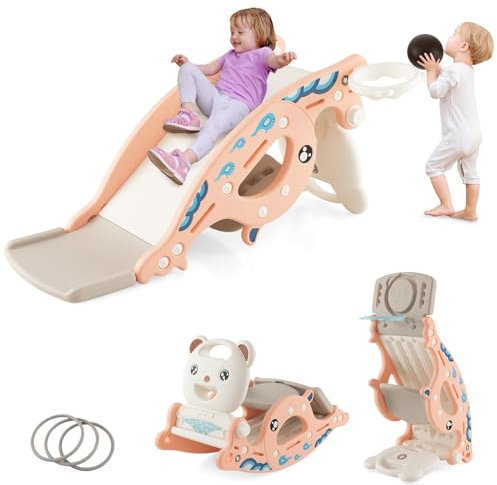 COSTWAY 4 en 1 Toboggan Enfants avec 3 Modes & Motif d'ours, Cheval à Bascule Intérieur Extérieur avec Panier de Basketball & Ballon, Charge 50kg pour Enfants de 3 Ans+, 93x65x46,5cm