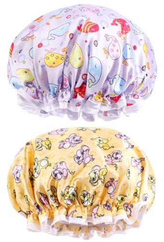 JOOTUEPO Bonnet De Douche, 2 Pieces Bonnet de Douche Etanche Double Couche, Bonnets de Bain Réutilisables avec Des Bandes Élastiques Pour Femmes Filles Douche SPA Salon