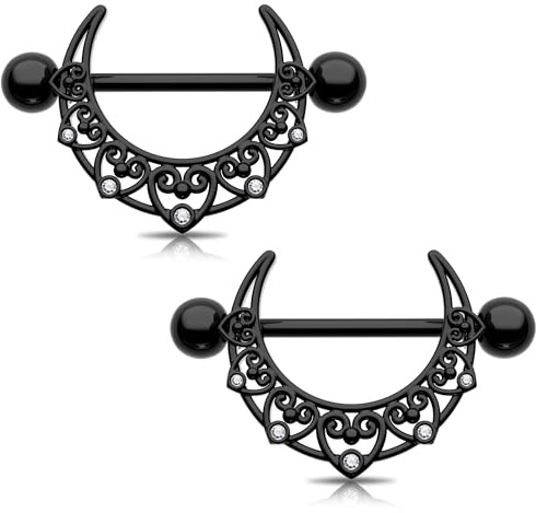 Melighting Anneaux de Tétons Noirs Barbell en Forme de Cœur en Acier Inoxydable 316L Barrettes de Tétons Lune Bijoux de Tétons Bijoux pour Femmes