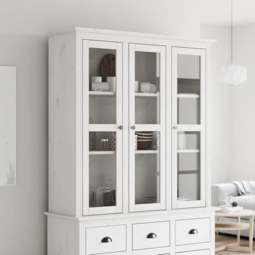 Tidyard Vitrinenschrank mit Glastüren BODO Weiß Massivholz Kiefer