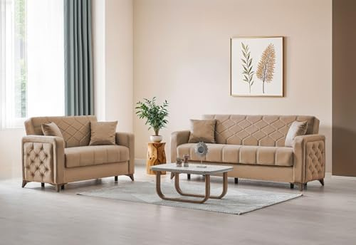 Stella Furniture Chesterfield 3 and 2 Seater Sofa Set with Storage for Living Room - Convertible 2 and 3 Seater Sofa Bed, Couches with Cushions - Free Assembly & Delivery (3+2 Seater, Beige)
