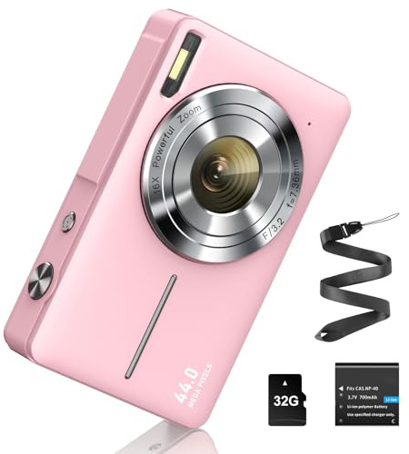 Appareil Photo numérique 44MP FHD 1080P avec Carte 32G, 16X Zoom et Batterie, Portable Simple pour Enfants, étudiants, Adolescents, débutants, Seniors (Rose)