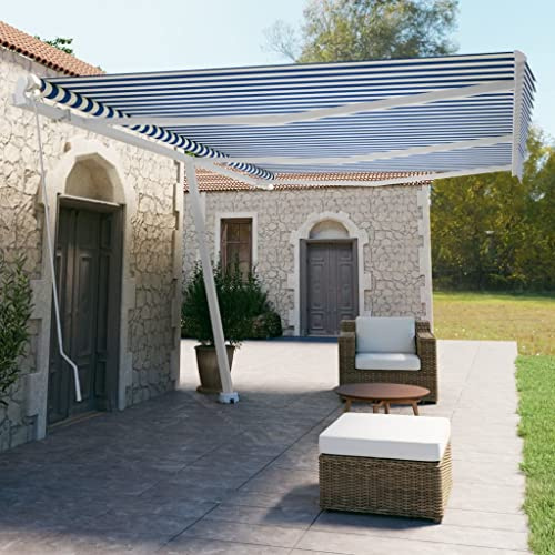 QJBSAVVA Standmarkise 600x350 cm Blau Weiß Aluminium Freistehend Manuell Ausziehbar mit 360° Drehrahmen UV Schutz für Terrasse Balkon Garten