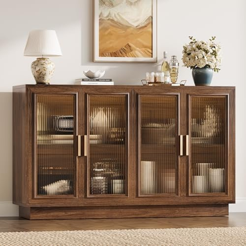 Curlaky Sideboard Buffet Cabinet with Storage - 55.1 Wood Kitchen Cabinets with 4 Doors, Large Buffet Table, Mid Century Modern Credenza Coffee Bar for Dining Room, Living Room, Entryway, Walnut