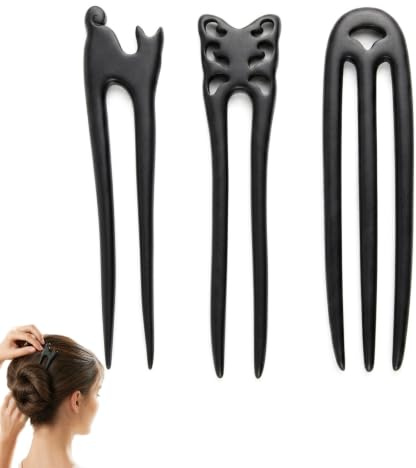 3 Pièces Épingles à Cheveux en Forme de U en Bois Noir, Pince Chignon Française avec Chat, Papillon et Design à Trois Dents, Accessoires Cheveux Femme pour Chignon et Coiffure Élégante