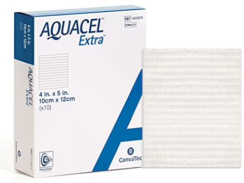 ConvaTec AQUACEL Extra 4x5 Hydrofiber Absorbant Dressing for Moderate to Highly Exuding Wounds, Non-Woven Two-Dimensional Strengthening Fibers, Rectangle, 10ct Box