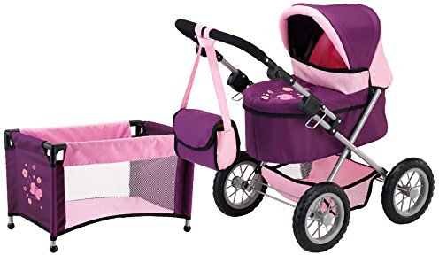 Bayer Design 13057AB Puppenwagen Trendy, mit Tasche, Puppenbett, höhenverstellbarer Griff, integrierter Korb, faltbar, Pflaume