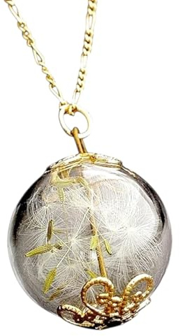 MadamLili - Pendentif pissenlit véritable avec chaîne de 70 cm - Argent sterling 925 plaqué or - Bijoux naturels - Fabriqué à la main - Boîte à bijoux exclusive, Argent sterling, Boule en verre avec,