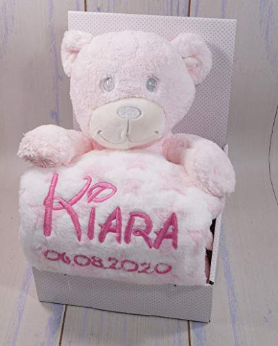 Generisch Geschenk-Set New Baby ★ Babydecke mit Namen + Plüschtier ★ Baby-Shower ★ Geburt ★ (Rosa - Teddybär)