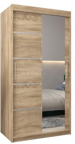 MEBLE KRYSPOL Kleiderschrank mit Spiegel Verona 2 - Garderobenschrank - Schrank Schlafzimmer - Mehrzweckschrank Zwei Schiebetüren - Regalen - Flur Möbel - Kleiderstange Schrank - Allzweckschrank
