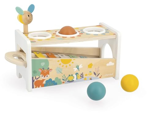 Janod Pure Tap Pastel Wooden Xylophone Pounding Bench with Cherry Wood Balls & Bee Shaped Hammer for Ages 12+ Months (J05155)