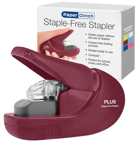 Plus Paper Clinch Compact Staple-Free Stapler, Burgundy Wine