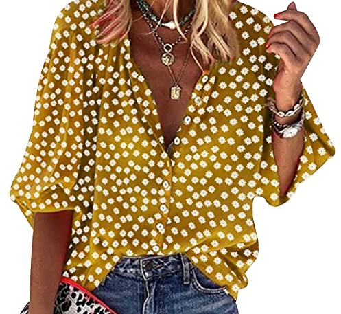 Long Sleeve Tops for Women Long Sleeve Floral Blouse Ladies V Neck Tunic Tops for Women Going Out Top Work Blouses for Women Elegant Plus Size Lady Oversized Button Tops Vneck Blouse Ladies Yellow M