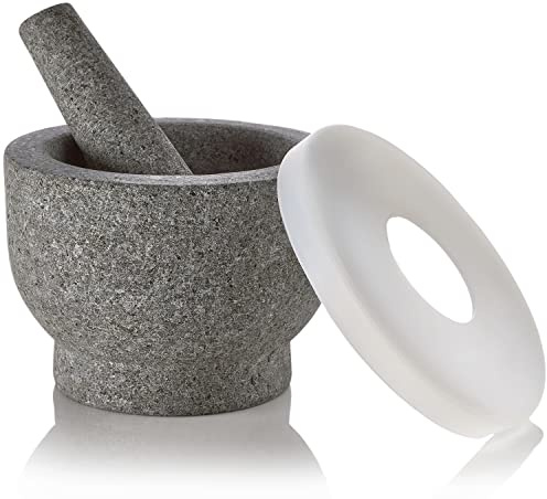 Mortier et pilon en granit - Pilon en pierre antidérapant et bol profond avec couvercle en silicone - Broyeur pour pilules, comprimés, vitamines ou comme herbe Molcajete pour salsa guacamole et plus