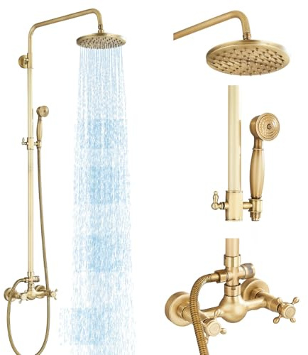 MOSSON Duscharmaturen für den Außenbereich, Antik-Messing-Duscharmatur-System mit 20,3 cm Duschkopf und Handbrause, 2 Kreuzgriffe, freiliegendes Duschsystem, Wandmontage, Kupfermessing
