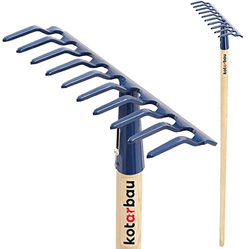 KOTARBAU® Laubrechen - 26 cm - Metall Rechen für Gras & Laub - mit Holzstiel - 135 cm - Gartenrechen - Rasenrechen mit 10 Zinken - Gartenwerkzeug für Rasenpflege - Stahl - Marineblau