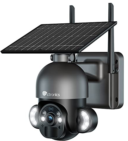 Ctronics 4MP Überwachungskamera Aussen Solar Akku, PTZ WLAN Kamera Outdoor | Kabellos mit PIR Erkennung, 30m Farbe Nachtsicht, 2-Wege-Audio, PC und Smartphone, IP66