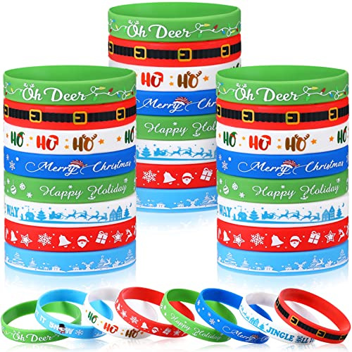 Suilung 48 Braccialetti Natalizi in Silicone Bracciali in Gomma Braccialetti con Scritta Merry Christmas per Bambini Adulti Calze Regali per Festa di Natale Bomboniere, 8 Stili (Stile Brillante)