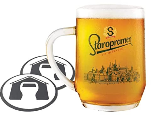 GarageBar | Staropramen Glass | Nucleated Tankard Beer Glass | Official Merchandise | Comes with 2X Beer Drip Mats (1, Pint/20oz)