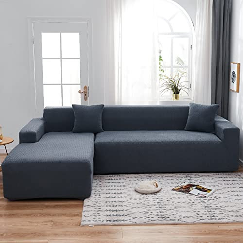 OKYUK L Shape Sofa Cover 3 Seater Sectional Couch Slipcover 2 Piece Couch Cover Anti-slip Stretchy Elastic 3 Seater Chaise Sofa Furniture Protector Slip Covers withith 2 Pillow Cases (Star, Grey)