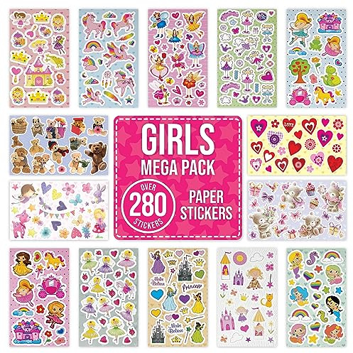 Stickers for Girls Kids – Over 280 Self Adhesive Paper Stickers, 14 Sheets for Scrapbooking, Crafts, Party Bag Fillers & Classroom Rewards (Princess, Unicorn, Fairy)