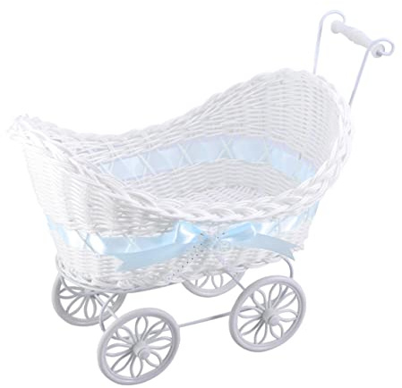 Toyvian Rattan Trolley Ornaments Mini Wicker Pram Flower Basket Knitted Flower Holder for Wedding Baby Shower Party Home Decoration 14.17X12.99X11.81In