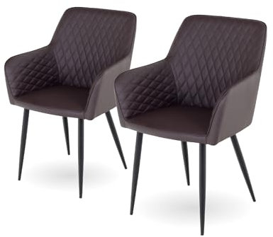 i-flair Esszimmerstuhl Watson Stuhl Sessel Sitz bezogen mit braunem Kunstleder Polsterstuhl mit Armlehnen und Metallbeine, belastbar bis 120 kg - Braun 2er Set