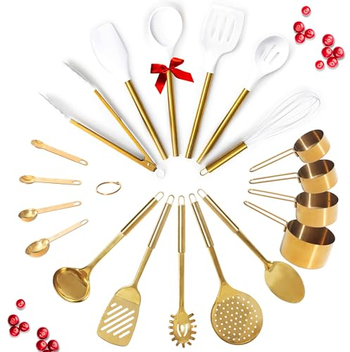 Juego de utensilios de cocina dorados, juego de 19 piezas que incluye utensilios dorados de acero inoxidable, herramientas de silicona blanca y tazas y cucharas medidoras, accesorios de cocina de lujo