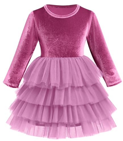IMEKIS Vestito di Natale per bambini, a maniche lunghe, in velluto, per autunno, inverno, principessa, con volant, in tulle, per feste di Natale, matrimonio, compleanno, casual, vacanza