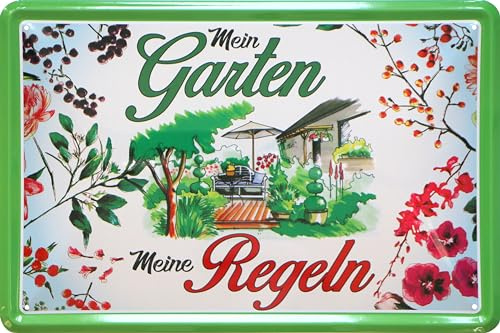 WOGEKA ART Retro Blechschild - Mein Garten - Meine Regeln - lustiger Spruch als Geschenk-Idee zur Deko, 20 x 30 cm, aus Metall im Vintage Design 320
