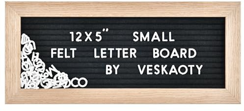 Kleine Filz-Buchstabentafel mit 374 Buchstaben, Zahlen und Symbolen, 30,5 x 12,7 cm, austauschbare Mini-Nachrichtentafel mit Holzrahmen, Wandhalterung, Haken (schwarz)