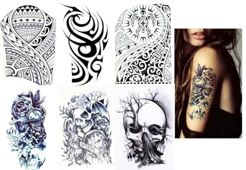 6 Blätter Temporäres Tribal und Totenkopf Tattoo Maori Design Tattoo Skull Tattoo Tribal & Skull 6