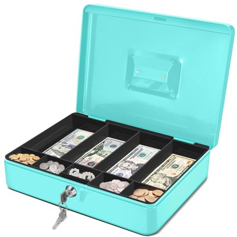 Flexzion Cash Box with Money Tray and Lock - Metal Cash Box for Small Businesses, 9-Compartment Blue Money Box with Removable Tray and Key, Portable Storage for Checks and Coins