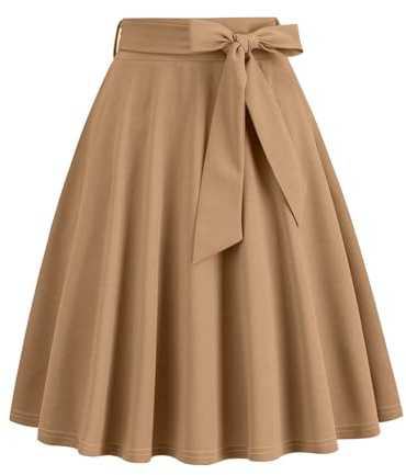 Jupe pour Femme Élégante Années 50 Jupe Trapèze Taille Elastique Jupe Plissée avec Ceinture Midi Jupe Evasée Chic Vintage Jupe Rockabilly A Ligne Rétro Classique (Beige, S)