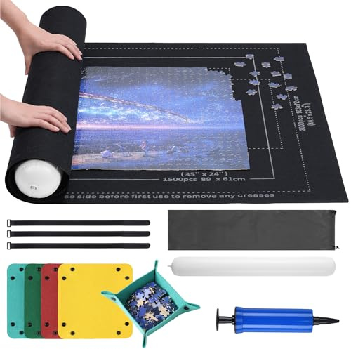 Navaris Tappeto Porta Puzzle - Tappetino per Giochi da 1000 a 2000 Pezzi - Rotolo Raccoglitore Puzzle 118 x 80 cm - Contenitore con 6 Vassoi Colorati - Pad in Feltro con Accessori