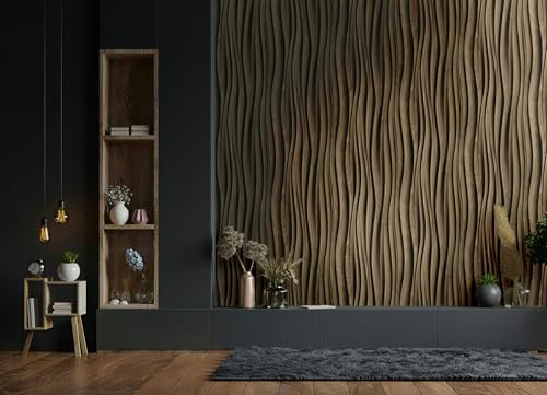 Tapete Holz Wellen Vliestapete Dunkelbraun Fototapete 3D-Optik für Wohnzimmer Schlafzimmer Küche Made in Germany 10,05x0,53 m