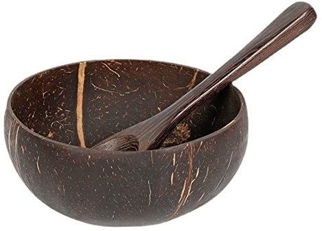 Bol en coquille de noix de coco naturelle, vieux ensemble de vaisselle en coquille de noix de coco, bol de riz en bois, cuillère, bol de rangement pour salade de fruits, vaisselle de cuisine (bol)
