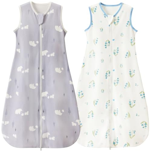 Nivolltha Super Weich 2er 0.5 TOG Baby Schlafsack, 100% Baumwolle Premium Qualität Sommerschlafsack Baby 3-6 Monate, Bären und Glockenblume, Größe S