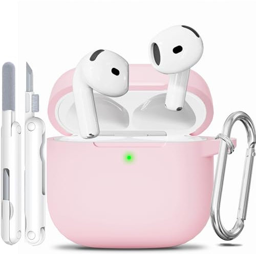 Custodia per AirPods 4, custodia in morbido silicone compatibile con Apple AirPods di 4a generazione 2024, da donna, ragazza, custodia rosa antigraffio con kit di pulizia e portachiavi, protezione