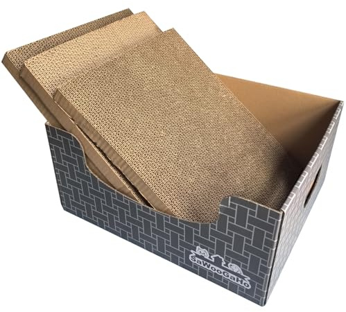 SAWOOGAHO Caja de rascar extragrande para gatos, de cartón, con espacio más grande, cajas de rascar de doble cara, almohadilla recargable, fácil de limpiar, rascador para gatos de interior (gris, 3