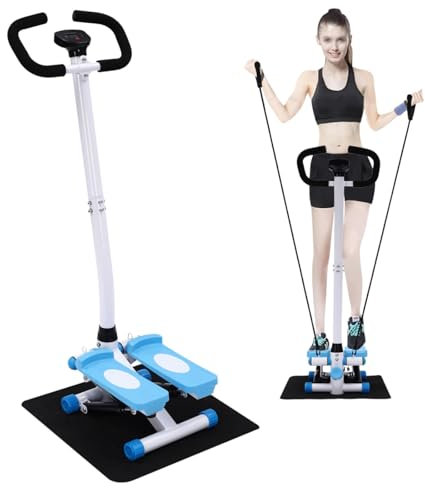 Stepper mit Griff, Fitness Heimtrainer mit LCD-Schirm, Handgriff und 90cm Widerstandsbandes, für Bein- und Po-Training, Arbeitet den Ganzen Körper, Höchstgewicht 120kg, 29 x 39 x 110cm (Blau+Weiß)