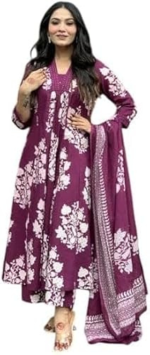 Sambhav Quilt Hub Womens Rayon Blend Anarkali Printed Kurta with Palazzo & Dupatta Festive Wedding Party Kurta Set, Purple, XL