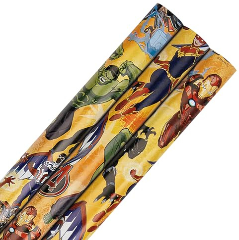 Hallmark Geschenkpapierrolle, 3 Stück in 1 Marvel Avengers Design, je 2 m, Geburtstag, Weihnachten, Gelb