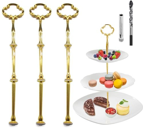 Trsnzul Etageren Stangen Set, Gold Bausatz Etagen Etageren Stäbe Etagere Bausatz Stange Metallstangen für Etagere (mit Bohrer, Blume, Gold, 3 Pack)