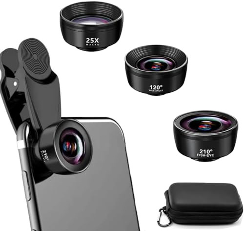 RAYAKT Kit d'objectifs 3 en 1 pour téléphone portable - Fisheye HD 210° - Grand angle 120° - Macro 25x - Avec verres optiques enduits - Boîtier en aluminium et magnésium - Pince ABS - Pour iPhone et